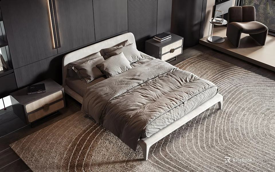 Modern Double Bed With Pillows Nightstands Dark Wall And Textured Rug 3d model 