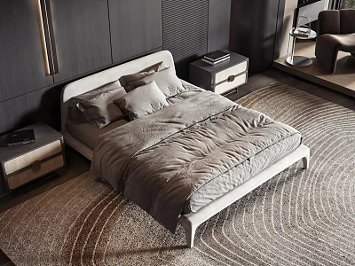 Modern Double Bed With Pillows Nightstands Dark Wall And Textured Rug 3d model