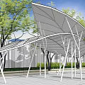 Modern Garden Landscape Featuring White Canopy Structures Trees Greenery And Paved Walkway 3d model