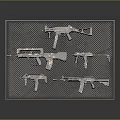 Modern Tactical Weapons Collection Showcasing Assault Rifles and Pistols on Grid Display Panel