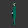 Doctor Standing In Green Surgical Gown Cap With Blue Gloves And Stethoscope On Gray Background