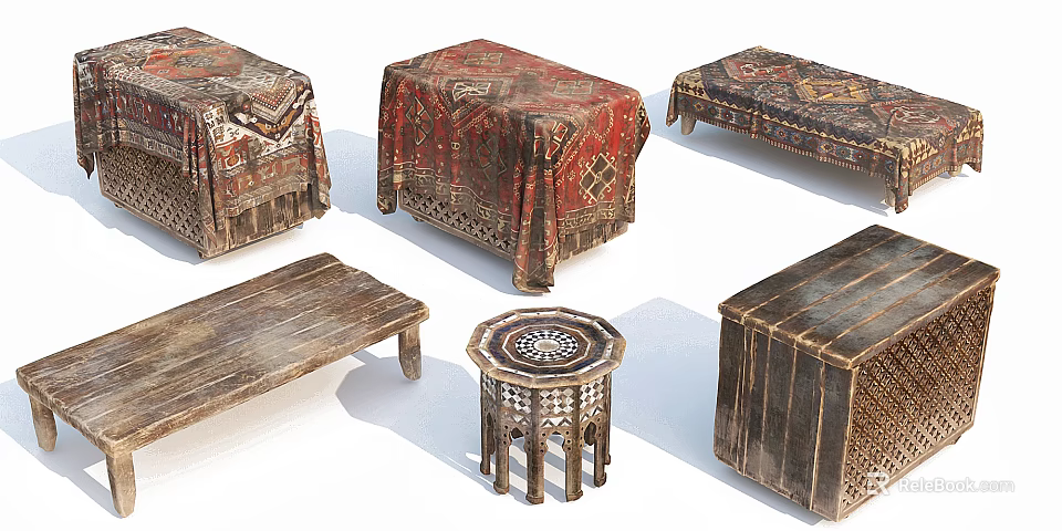 Vintage Wooden Furniture Collection With Tables Chests And Decorative Covers 3d model 