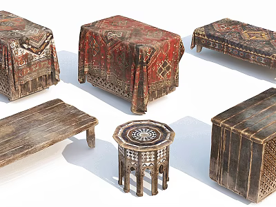 Vintage Wooden Furniture Collection With Tables Chests And Decorative Covers 3d model
