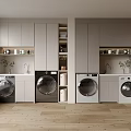Modern Laundry Room Interior With Washing Machines Dryers Cabinets And Natural Light