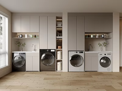 Modern Laundry Room Interior With Washing Machines Dryers Cabinets And Natural Light 3d model