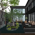 Modern Courtyard Garden with Large Tree Water Feature Wooden Deck and Outdoor Furniture