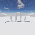 Modern Garden Ornament White Sculptural U Shaped Horn Structure Against Blue Sky With Clouds