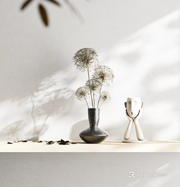 Dandelion Like Flowers In Black Vase On Tabletop With White Wall And Light Shadows 3d model 