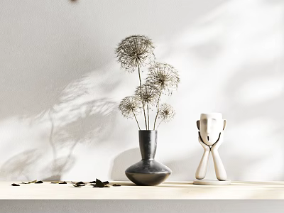 Dandelion Like Flowers In Black Vase On Tabletop With White Wall And Light Shadows 3d model
