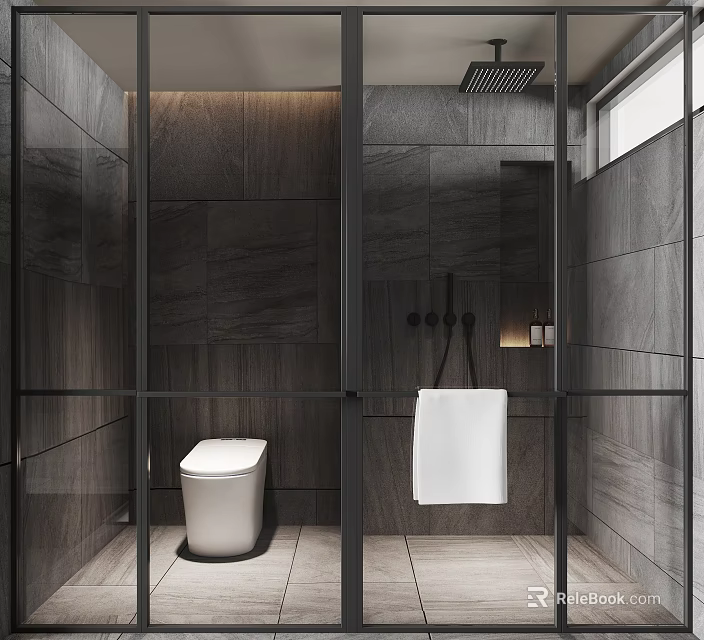 Modern Bathroom Interior Design With Gray Tile Walls Glass Partition White Toilet And Hanging Towel 3d model 