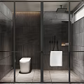 Modern Bathroom Interior Design With Gray Tile Walls Glass Partition White Toilet And Hanging Towel