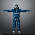 Futuristic Skeleton Masked Character In Blue Hoodie With Glowing Lines And Outstretched Arms