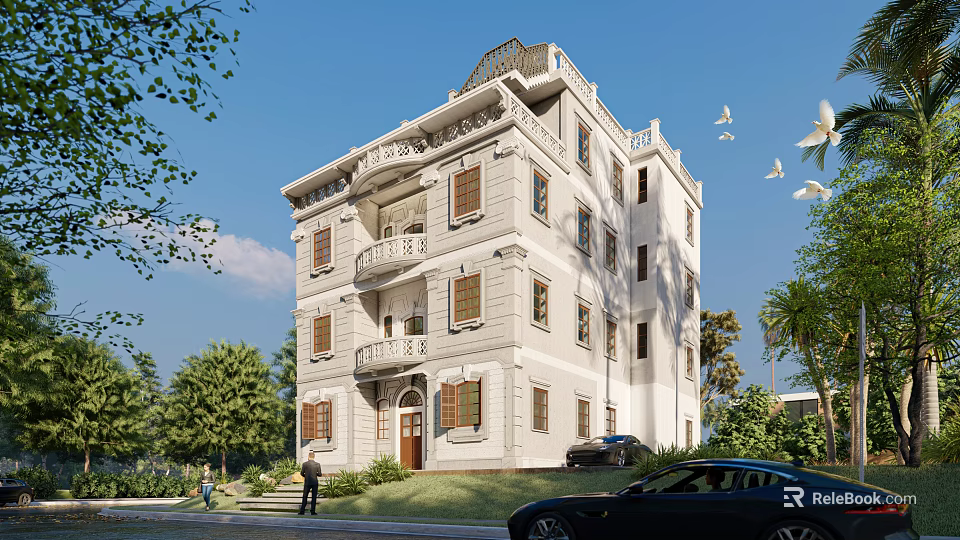 White Exterior Multi Story Detached Villa With Balconies Windows Green Trees Lawn And Parked Cars 3d model 