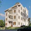White Exterior Multi Story Detached Villa With Balconies Windows Green Trees Lawn And Parked Cars
