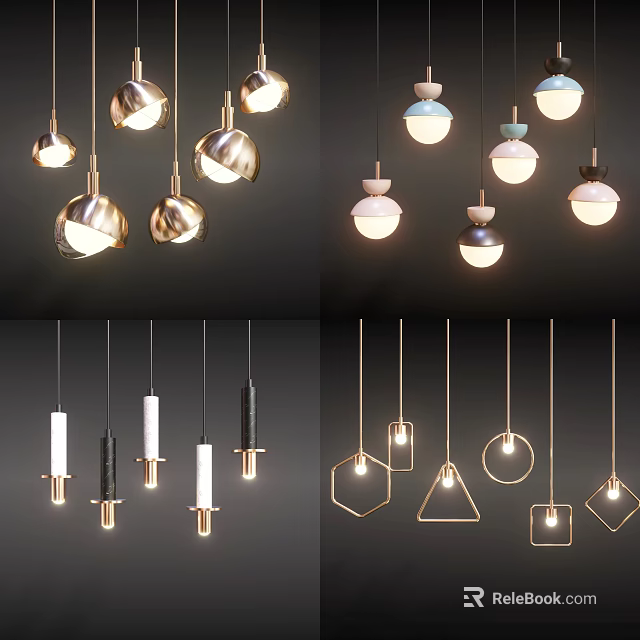 Diverse Modern Pendant Chandeliers Featuring Metallic Spherical Colorful And Geometric Shapes 3d model 