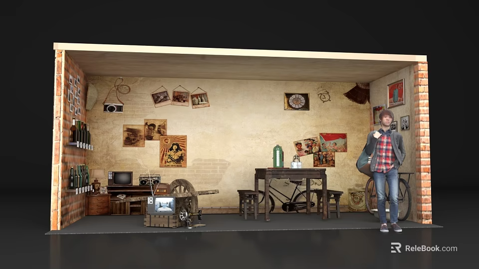 Vintage Photo Check in Spot With Brick Walls Old Photos Vintage Bicycle And Decorative Items 3d model 