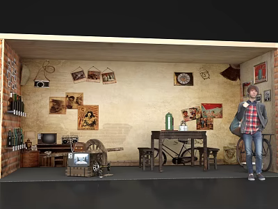 Vintage Photo Check in Spot With Brick Walls Old Photos Vintage Bicycle And Decorative Items 3d model
