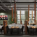 Modern Restaurant Interior With Wooden Tables Black Chairs Green Tiled Walls And Hanging Copper Lamps