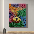 Abstract Painting Featuring Yellow Cartoon Dog Face With Colorful Textured Brushstrokes