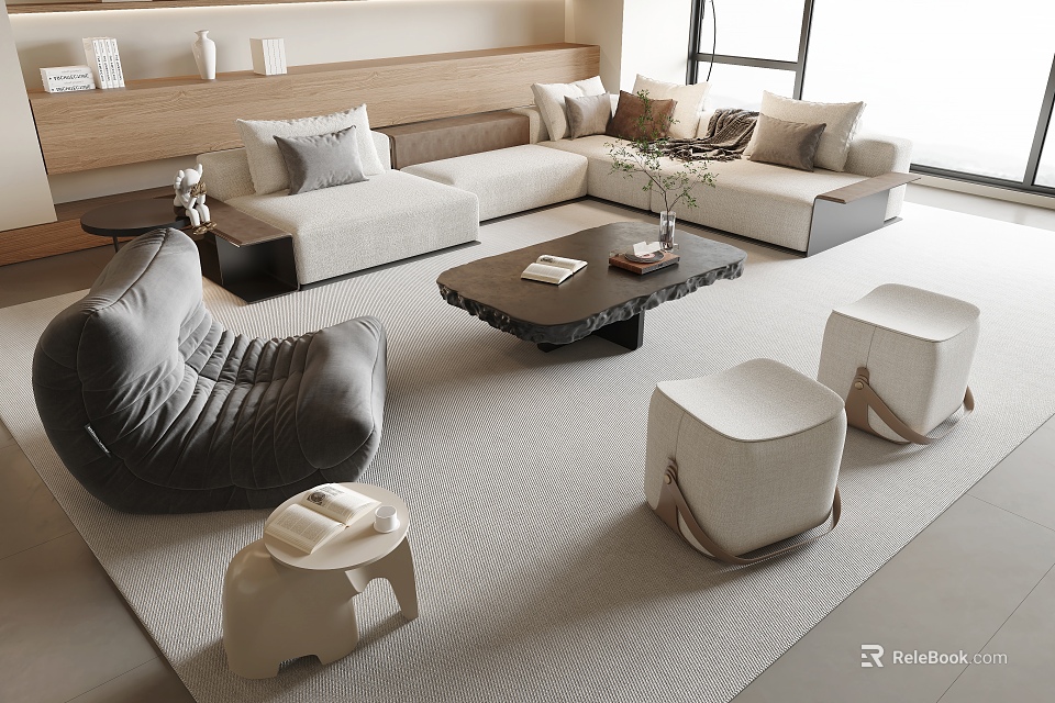 Modern Sofa and Coffee Table Set with Soft Pillows Wooden Stools and Area Rug 3d model 