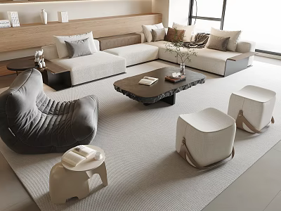 Modern Sofa and Coffee Table Set with Soft Pillows Wooden Stools and Area Rug 3d model