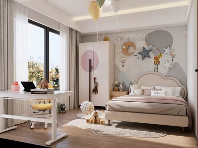 Kids Bedroom Interior Design With Decorative Wall Stars Balloons Study Desk And Soft Rug 3d model