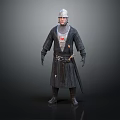 Man Dressed In Medieval Knight Armor With Helmet And Long Robe Holding Sword