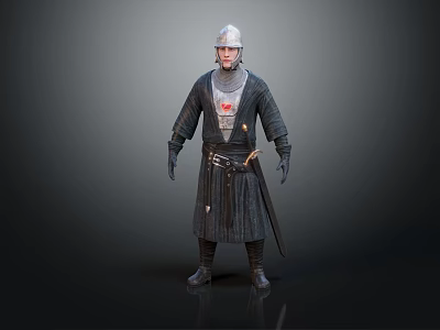 Man Dressed In Medieval Knight Armor With Helmet And Long Robe Holding Sword 3d model