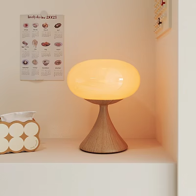Elegant Round Table Lamp with Wooden Base Soft Yellow Light for Cozy Desktop Decor 3d model