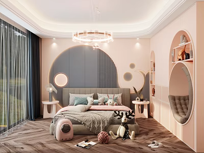 Pink And Gray Kids Room With Circular Decor Bed Stuffed Toys Bookshelf And Chandelier 3d model