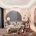 Pink And Gray Kids Room With Circular Decor Bed Stuffed Toys Bookshelf And Chandelier