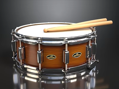 Musical Instruments Wooden Snare Drum With White Drumhead Metal Hardware And Drumsticks 3d model