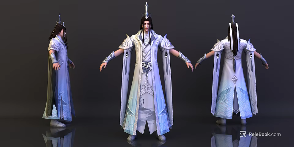 Ancient Xianxia Character Designs With Robes And Hair Accessories Shown From Different Angles 3d model 