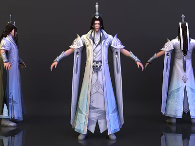 Ancient Xianxia Character Designs With Robes And Hair Accessories Shown From Different Angles 3d model