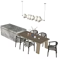 Modern Kitchen Dining Space With Marble Island Wooden Table And Gray Chairs 3d model