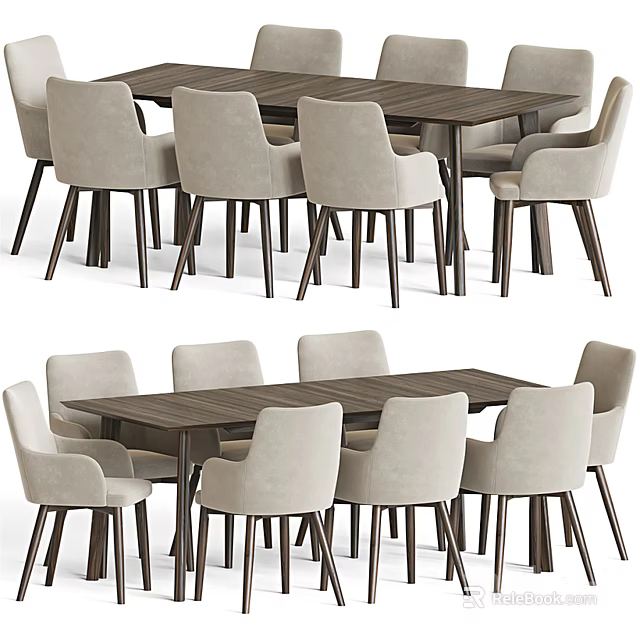Modern Rectangular Dining Table Set With Light Gray Padded Chairs And Wooden Legs 3d model