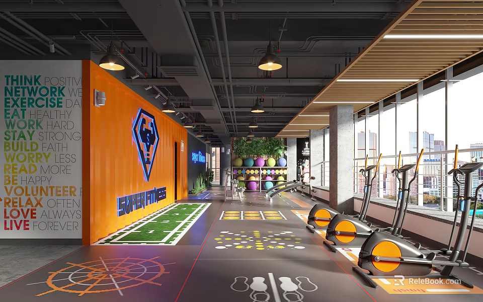 Modern Spartan Fitness Gym Interior With Elliptical Machines Exercise Floor Patterns And Natural Light 3d model 