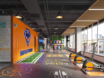 Modern Spartan Fitness Gym Interior With Elliptical Machines Exercise Floor Patterns And Natural Light 3d model