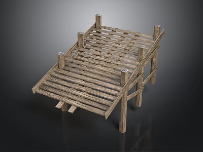 Wooden Platform Structure With Sloped Ramp Beams And Support Posts 3d model
