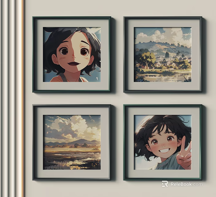 Scenic Landscape Artwork Featuring Mountain Sky Clouds And Village View In Frame 3d model