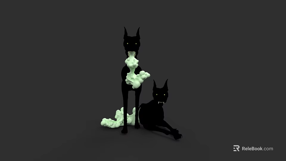 Two Black Dogs Standing And Sitting With White Foam Like Substance 3d model 