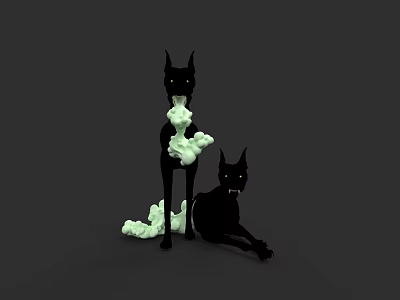 Two Black Dogs Standing And Sitting With White Foam Like Substance 3d model