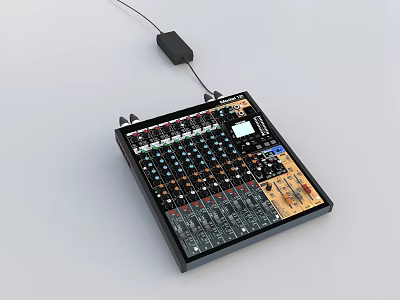 Professional Digital Audio Mixer With Knobs Buttons Screen And Connecting Cable 3d model