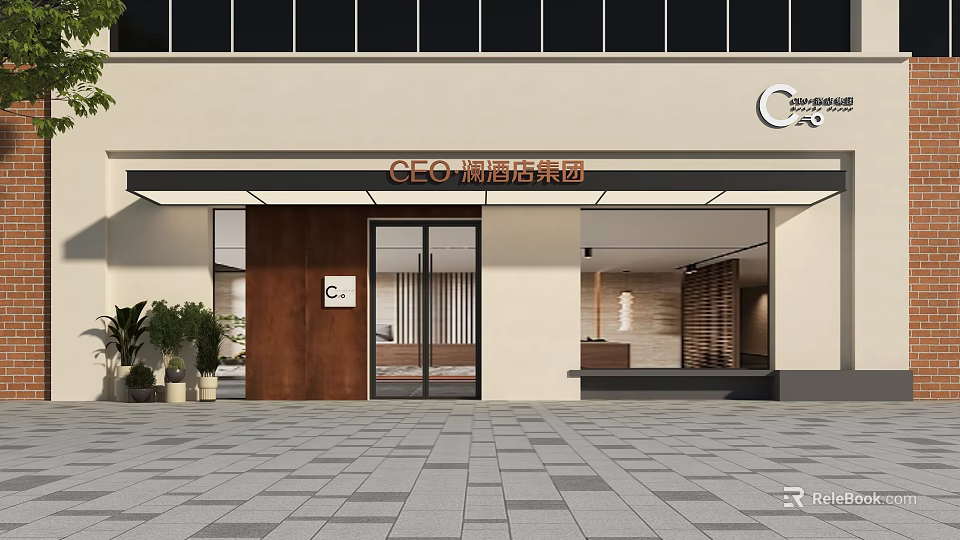CEO Hotel Accommodation Department Exterior Featuring Wooden Door Glass Entrance And Stone Pavement 3d model 