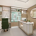Stylish Beauty Salon Store Interior With Green Chairs Mirrors Product Shelves And Counter