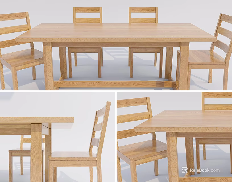 Wooden Dining Table Set with Simple Design and Matching Chairs in Modern Style 3d model 
