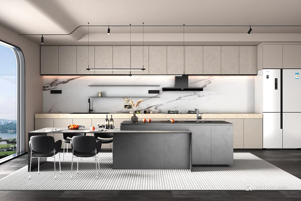 Modern Kitchen Interior With Gray Cabinets Island Counter Marble Countertops Pendant Lights 3d model 
