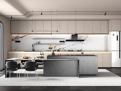 Modern Kitchen Interior With Gray Cabinets Island Counter Marble Countertops Pendant Lights 3d model