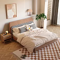 Cozy Bedroom Interior With Brown Headboard Striped Bedding Wall Art And Green Plant
