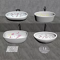 Freestanding Bathtubs With Colorful Flower Petals On Gray Wall Background And Bath Mat With Slippers